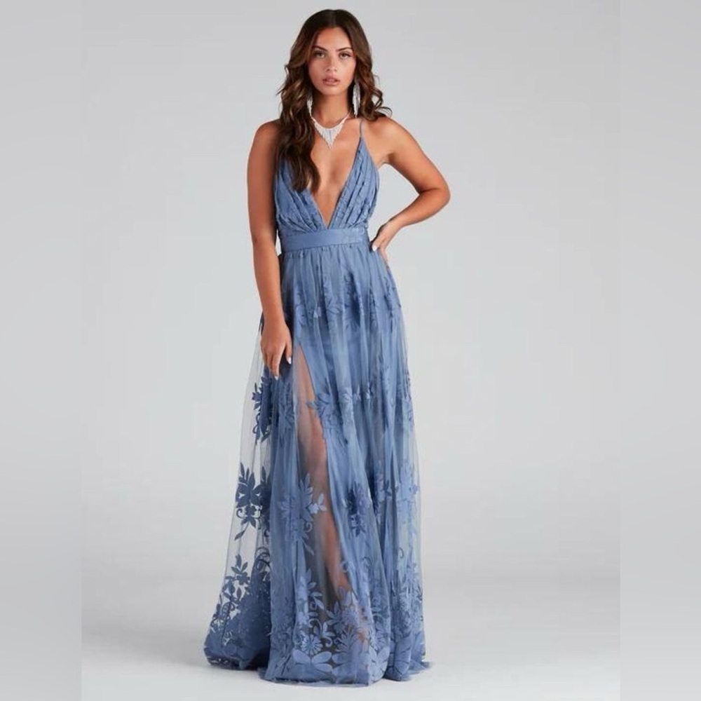 Windsor Morgan Formal Flocked Velvet Dress Blue Sz XS